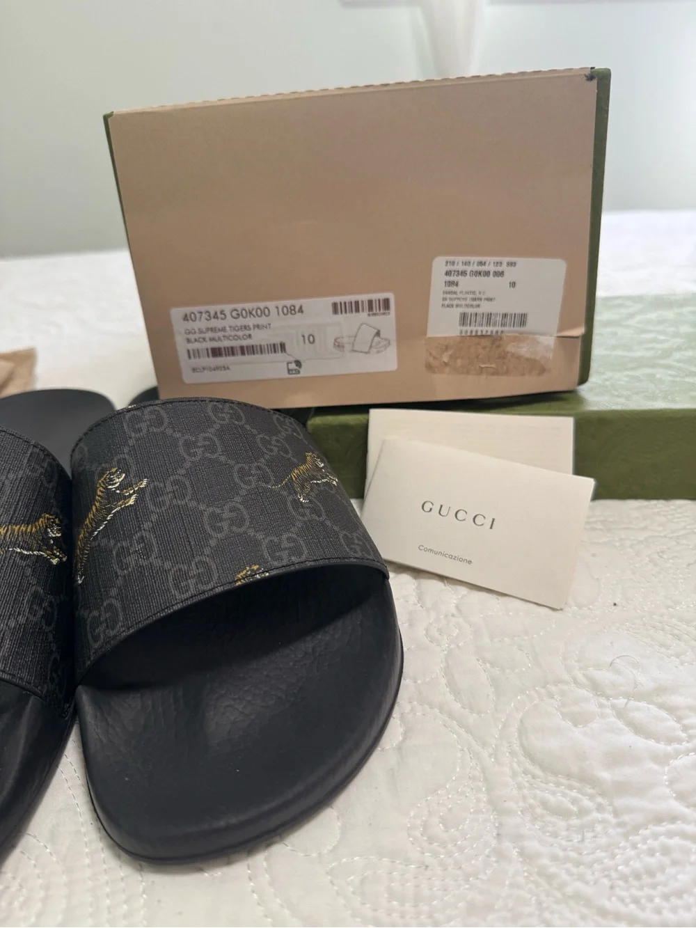 Gucci Black GG Supreme Slide Sandals with Gold Tiger Detail